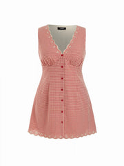 Cotton-blend Gingham V-neck Scallop Hem A-line Mini Dress Curve & Plus