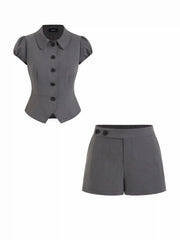 Puff Sleeve Collar Cropped Top & Low Rise Straight Leg Shorts Set
