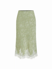 Jacquard Mid Rise Floral Lace Trim Mermaid Midi Skirt