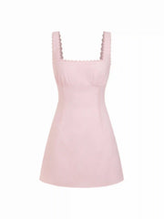 Cotton Textured Square Neck Lace Trim A-line Mini Dress