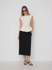 Cotton Cinched Waist Top With Metal Button & Mid Rise Midi Skirt Set
