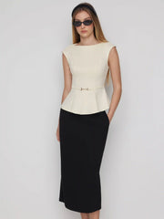 Cotton Cinched Waist Top With Metal Button & Mid Rise Midi Skirt Set