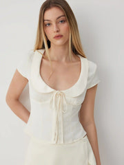 Satin Peter Pan Collar Knotted Crop Blouse