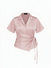 Satin Collar Tie Front Knotted Blouse Curve & Plus