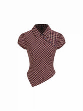 Cotton Plaid Puff Sleeve Asymmetrical Blouse