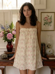 Cotton Floral Square Neck Bowknot Lace Trim Ruffle Hem Mini Nightdress