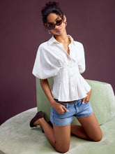 Linen-blend Collar V-neck Pleated Short Sleeve Shirt