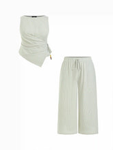 Cotton-blend Boat Neck Striped Beaded Wrap Top & Mid Rise Wide Leg Trousers Set Curve & Plus