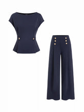 Boat Neck Metal Button Top & Mid Rise Pleated Straight Leg Trousers Set