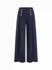 Boat Neck Metal Button Top & Mid Rise Pleated Straight Leg Trousers Set