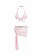 Halter Neckline Ring Linked Triangle Tie Side Bikini Set With Metal Ring Detail Sarong