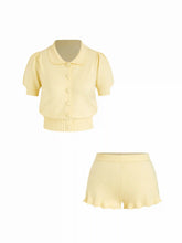 Knit Peter Pan Puff Short Sleeve Top & Low Rise Ruffled Shorts Set