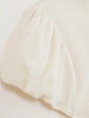 Cotton-blend Stand Collar Puff Sleeve Lace Trim Bowknot Cut Out Blouse