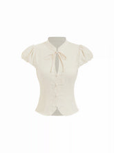 Cotton-blend Stand Collar Puff Sleeve Lace Trim Bowknot Cut Out Blouse