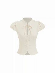 Cotton-blend Stand Collar Puff Sleeve Lace Trim Bowknot Cut Out Blouse