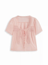 Cotton-blend Scoop Neckline Lace Trim Knotted Puff Sleeve Blouse