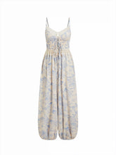 Cotton-blend Floral Sweetheart Cami Lace Trim Drawstring Barrel-leg Jumpsuit