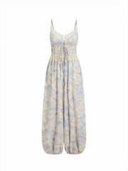 Cotton-blend Floral Sweetheart Cami Lace Trim Drawstring Barrel-leg Jumpsuit