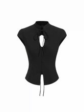Stand Collar Short Sleeve Tie Front Cut Out Backless Slim Blouse