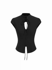 Stand Collar Short Sleeve Tie Front Cut Out Backless Slim Blouse
