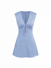 Satin V-neck Ruched Knotted Tie Back Mini Dress