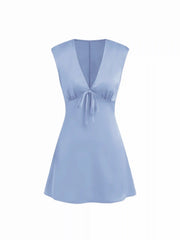 Satin V-neck Ruched Knotted Tie Back Mini Dress