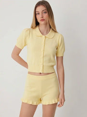 Knit Peter Pan Puff Short Sleeve Top & Low Rise Ruffled Shorts Set