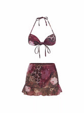 Halter Neckline Leopard & Floral Graphic Knotted Bikini Set With Ruffled Skirt