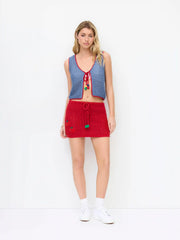 Crochet Knit Mid Rise Tomato Applique Bodycon Mini Skirt