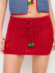 Crochet Knit Mid Rise Tomato Applique Bodycon Mini Skirt