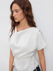 Satin Cowl Neck Metal Detail Tie Waist Blouse