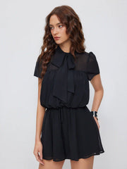 Chiffon Stand Collar Puff Sleeve Bowknot Drawstring Ruffle Romper