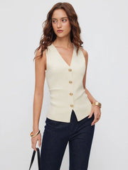 Knit V-neck Metal Button Slim Fit Vest