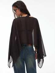 Chiffon Boat Neck Cloak Sleeve See-through Oversized Cape With Scarf