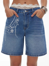 Denim Low Rise Graphic Wide Leg Shorts