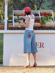 Washed Denim Mid Rise Strawberry Graphic Wide Leg Bermuda Shorts