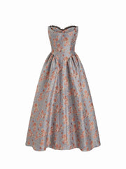 Jacquard Sculptural Floral Bandeau Lace Trim Bowknot A-line Maxi Dress