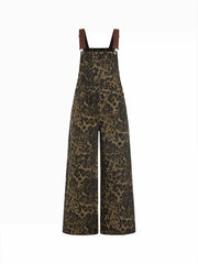 Petite Denim Leopard Graphic High Rise Oversized Wide Leg Overalls