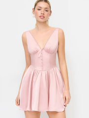 Satin V-neck Lace Panel Flared Mini Dress