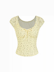 Ditsy Floral Scoop Neckline Knotted Short Sleeve Tee