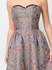 Jacquard Sculptural Floral Bandeau Lace Trim Bowknot A-line Maxi Dress