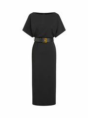 High Stretch Boat Neck Batwing Sleeve Straight Maxi Dress With Belt
