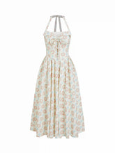 Cotton-blend Sculptural Floral Halter Neck Lace Up Shirred Pleated Flared Midi Dress