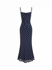Mesh Polka Dot Lace Panel High Rise Mermaid Maxi Dress