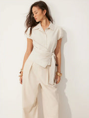 Linen-blend Puff Sleeve Wrap Tie-Front Blouse