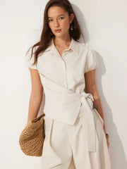 Linen-blend Puff Sleeve Wrap Tie-Front Blouse