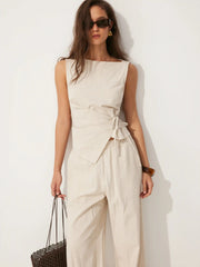 Linen-blend Boat Neck Knotted Top & Mid Rise Capri Straight Leg Trousers Set