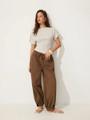 Wool-blend Boat Neck Ruched Short Sleeve Top