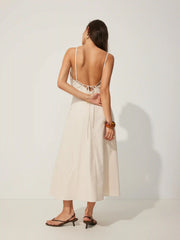 Linen-blend V-neck Ruched Flared Maxi Dress