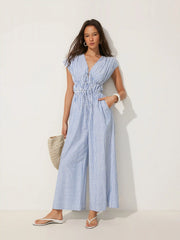 Cotton-blend V-neck Stripes Drawstring Wide Leg Jumpsuit